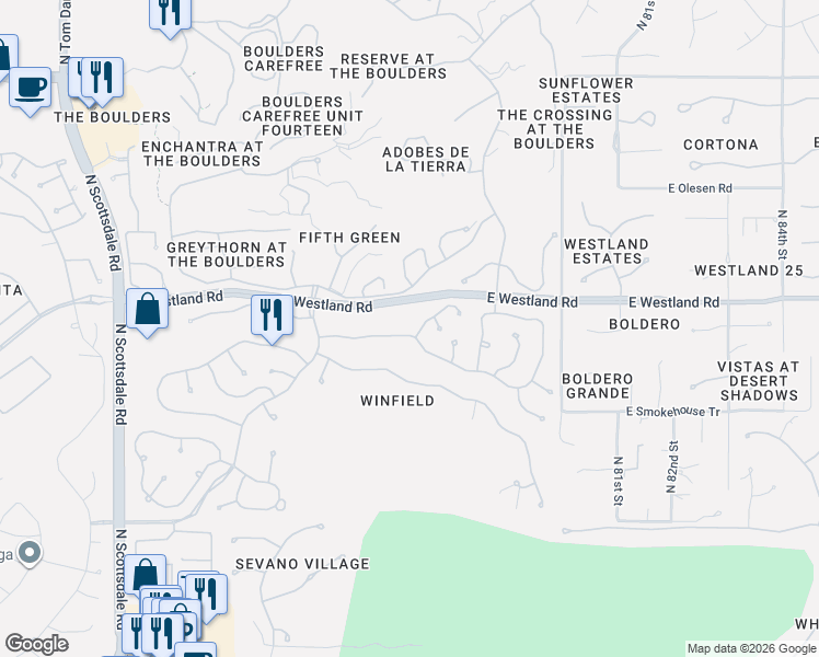 map of restaurants, bars, coffee shops, grocery stores, and more near 7659 East Shooting Star Way in Scottsdale