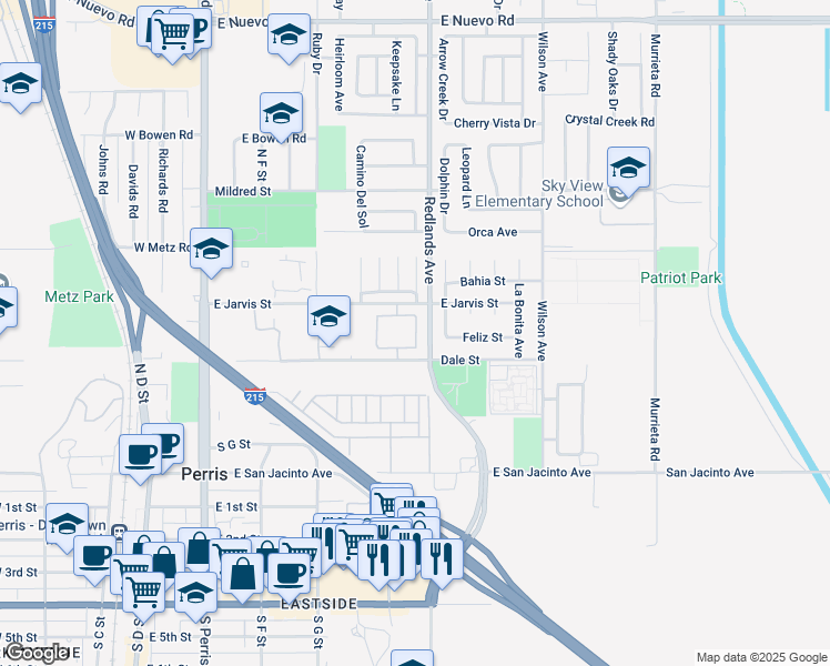 map of restaurants, bars, coffee shops, grocery stores, and more near in Perris
