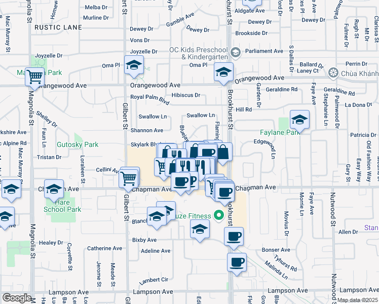 map of restaurants, bars, coffee shops, grocery stores, and more near 9842 Cockatoo Lane in Garden Grove