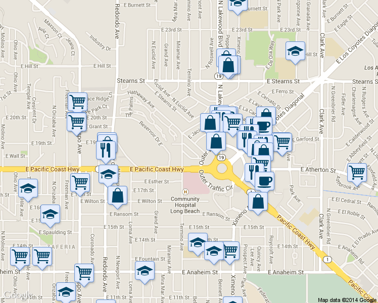 map of restaurants, bars, coffee shops, grocery stores, and more near 1803 Termino Avenue in Long Beach