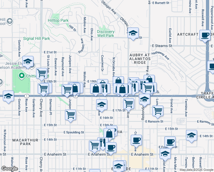 map of restaurants, bars, coffee shops, grocery stores, and more near 2901 Pacific Coast Highway in Signal Hill