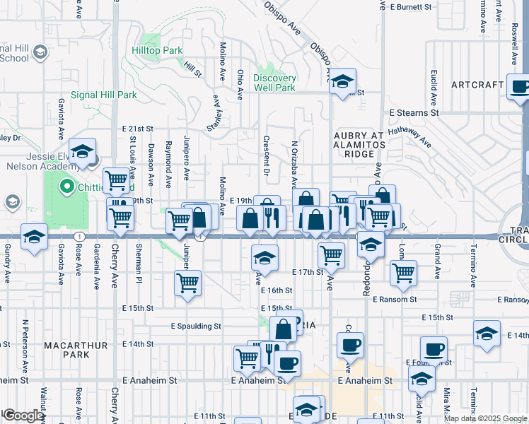 map of restaurants, bars, coffee shops, grocery stores, and more near 2901 Pacific Coast Highway in Signal Hill