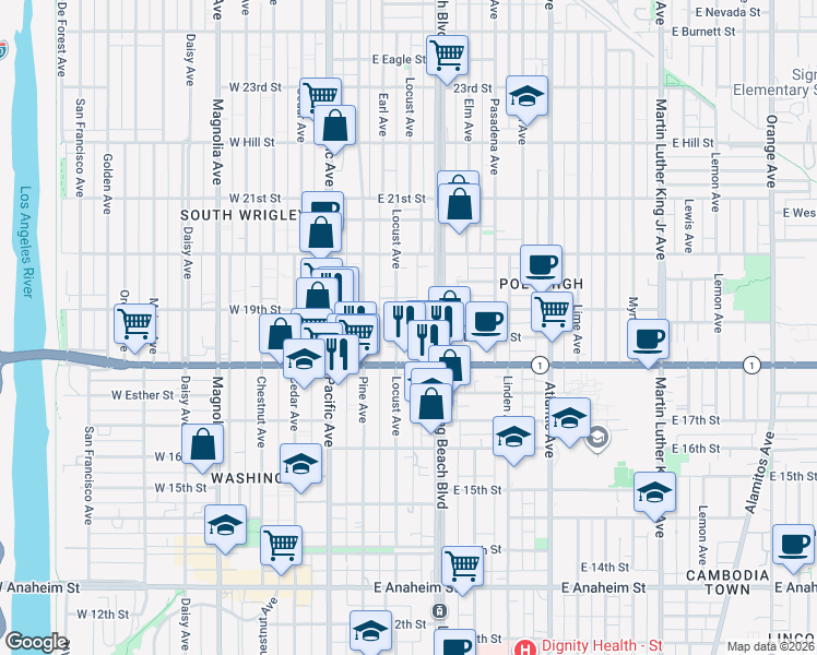 map of restaurants, bars, coffee shops, grocery stores, and more near 1832 Locust Avenue in Long Beach