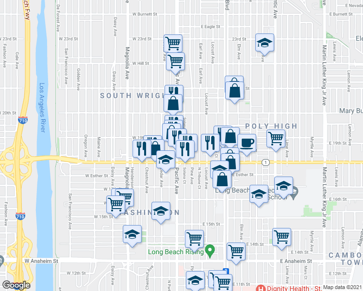 map of restaurants, bars, coffee shops, grocery stores, and more near in Long Beach