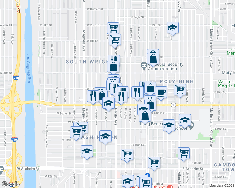 map of restaurants, bars, coffee shops, grocery stores, and more near in Long Beach