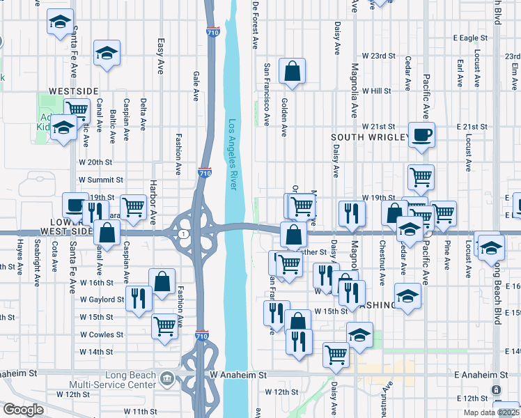 map of restaurants, bars, coffee shops, grocery stores, and more near 1851 De Forest Avenue in Long Beach