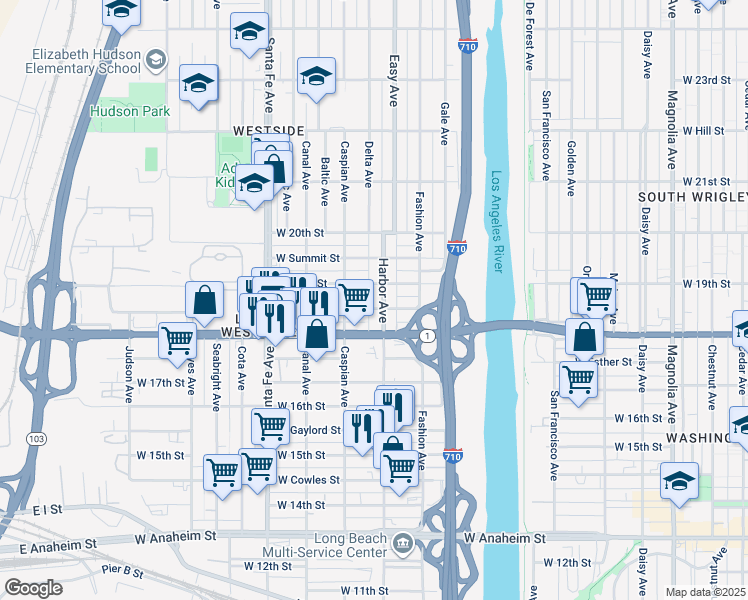 map of restaurants, bars, coffee shops, grocery stores, and more near 1831 Harbor Avenue in Long Beach