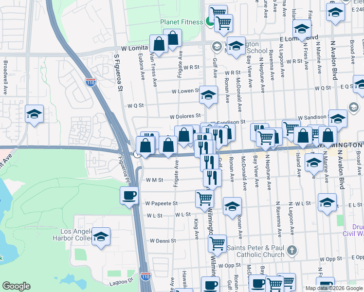 map of restaurants, bars, coffee shops, grocery stores, and more near 1114 West Pacific Coast Highway in Los Angeles