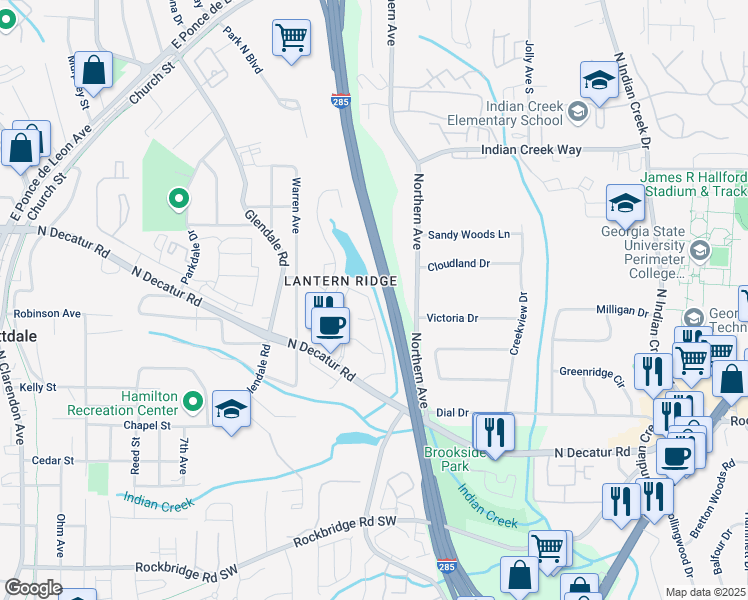 map of restaurants, bars, coffee shops, grocery stores, and more near 541 Lantern Wood Drive in Scottdale