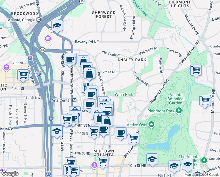 map of restaurants, bars, coffee shops, grocery stores, and more near 56 Peachtree Circle Northeast in Atlanta