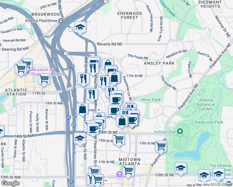 map of restaurants, bars, coffee shops, grocery stores, and more near 1315 Peachtree Street Northeast in Atlanta