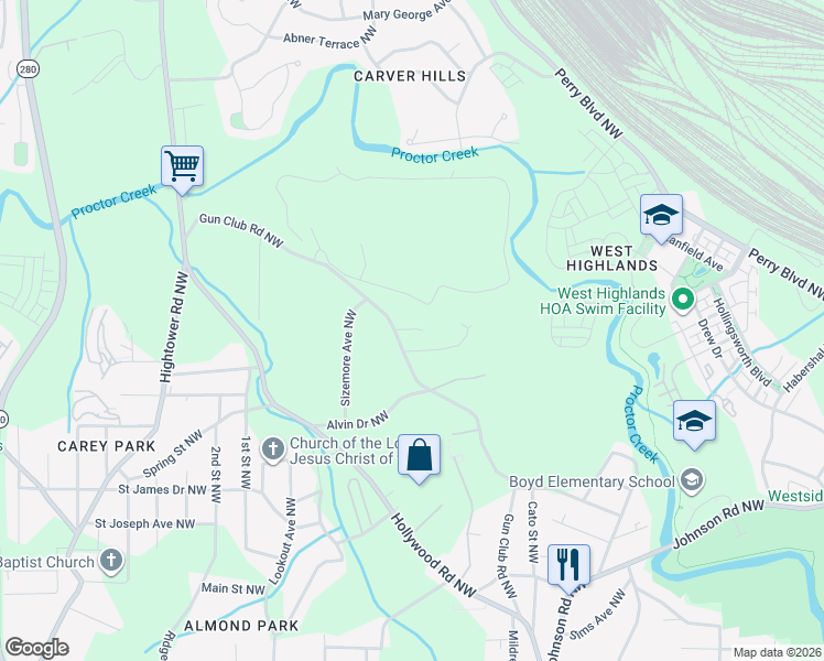 map of restaurants, bars, coffee shops, grocery stores, and more near 1329 Gun Club Road Northwest in Atlanta