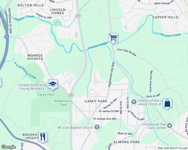 map of restaurants, bars, coffee shops, grocery stores, and more near 2500 Center Street Northwest in Atlanta