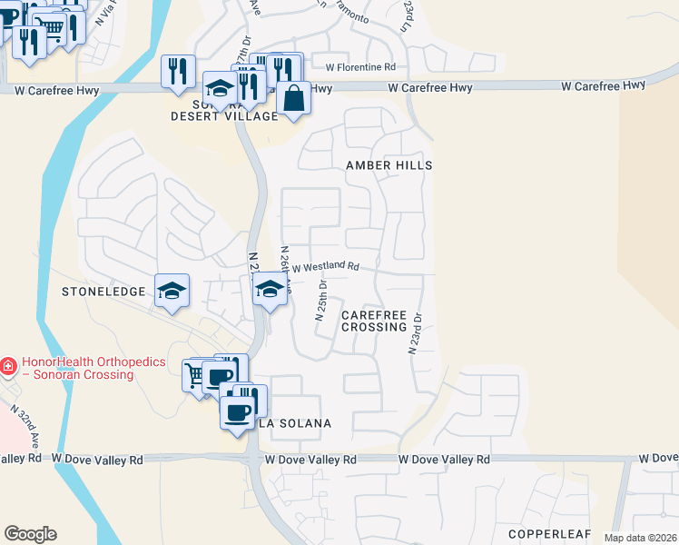 map of restaurants, bars, coffee shops, grocery stores, and more near 2507 West Granite Pass Road in Phoenix