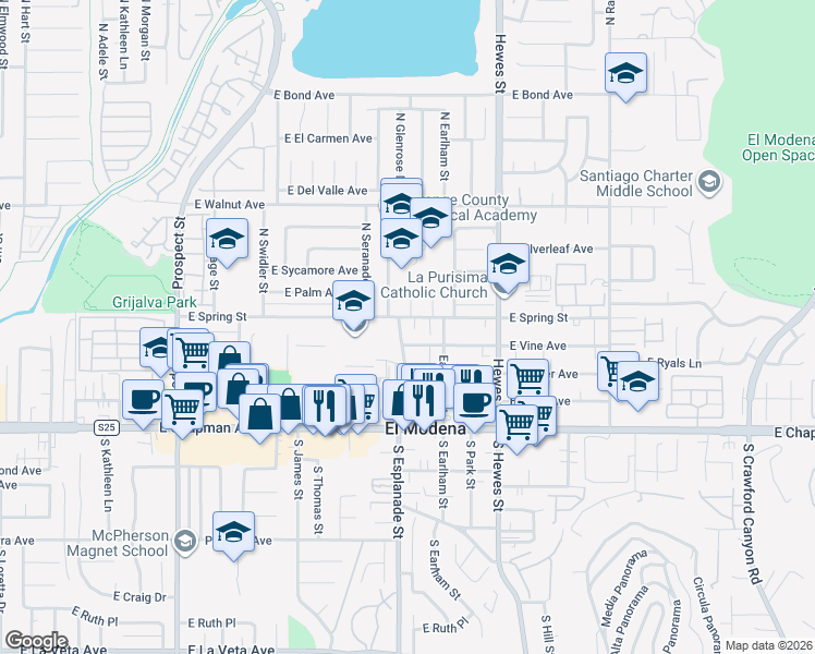 map of restaurants, bars, coffee shops, grocery stores, and more near 3920 East Spring Street in Orange