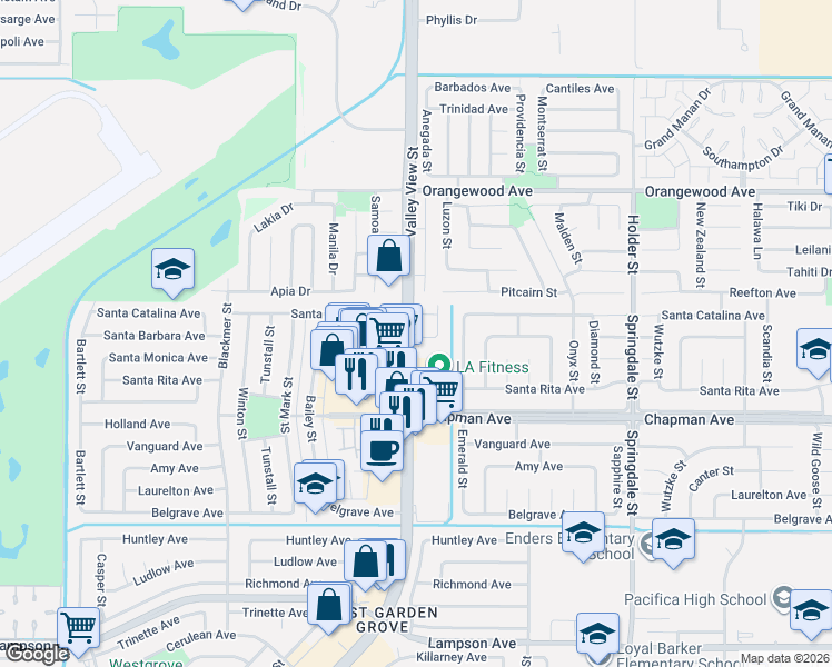 map of restaurants, bars, coffee shops, grocery stores, and more near 6011 Santa Barbara Avenue in Garden Grove