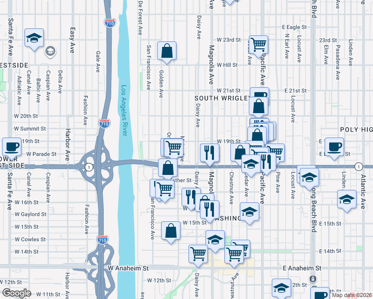 map of restaurants, bars, coffee shops, grocery stores, and more near 1835 Daisy Avenue in Long Beach