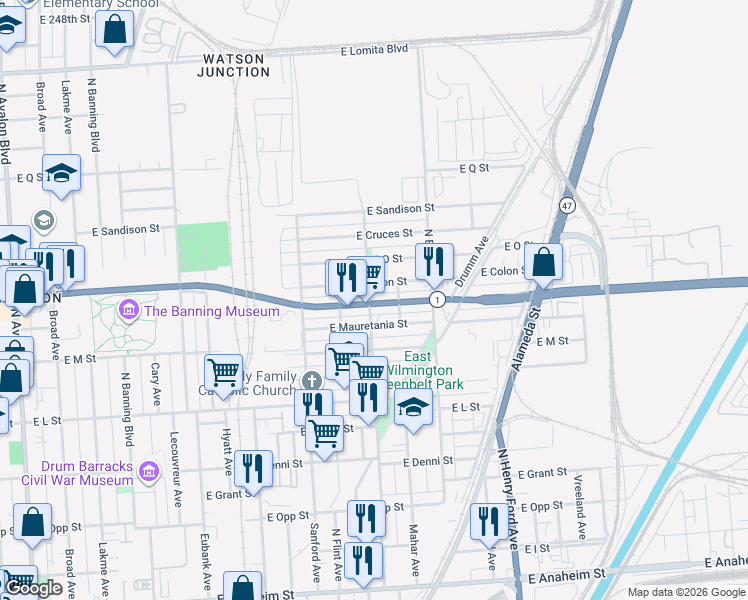 map of restaurants, bars, coffee shops, grocery stores, and more near 1303 East Mauretania Street in Los Angeles