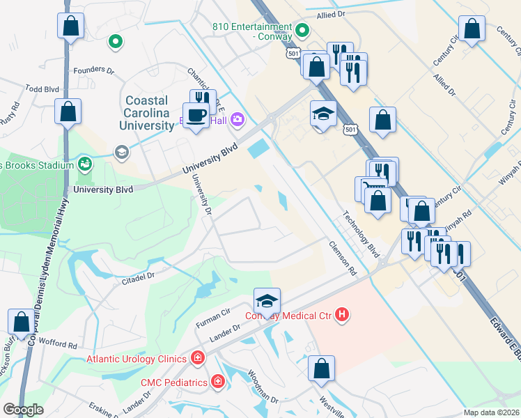 map of restaurants, bars, coffee shops, grocery stores, and more near 127 University Circle in Conway