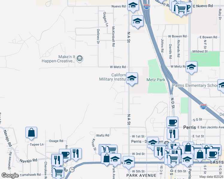 map of restaurants, bars, coffee shops, grocery stores, and more near 802 Roadrunner Way in Perris