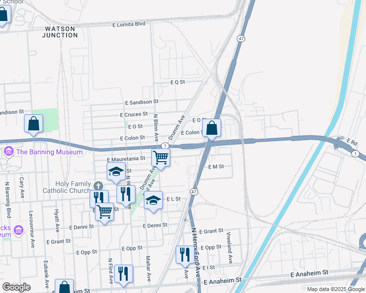 map of restaurants, bars, coffee shops, grocery stores, and more near 1647 W Pacific Coast Hwy in Los Angeles