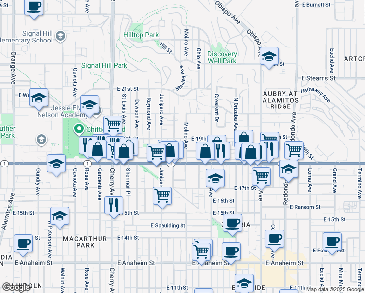map of restaurants, bars, coffee shops, grocery stores, and more near 1861 Molino Avenue in Signal Hill