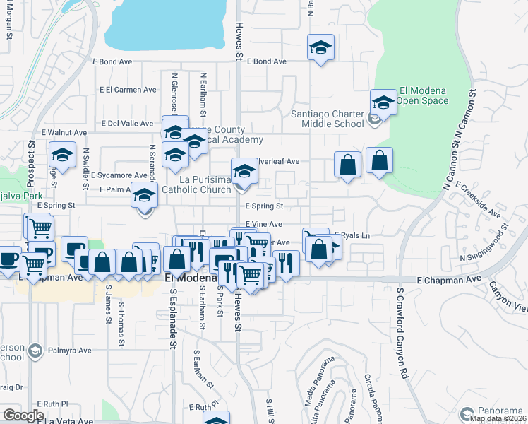 map of restaurants, bars, coffee shops, grocery stores, and more near 18833 East Vine Avenue in Orange