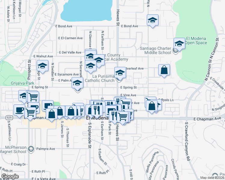 map of restaurants, bars, coffee shops, grocery stores, and more near 18671 East Vine Avenue in Orange