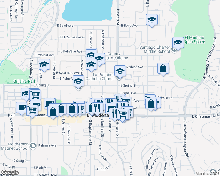 map of restaurants, bars, coffee shops, grocery stores, and more near 18671 East Vine Avenue in Orange