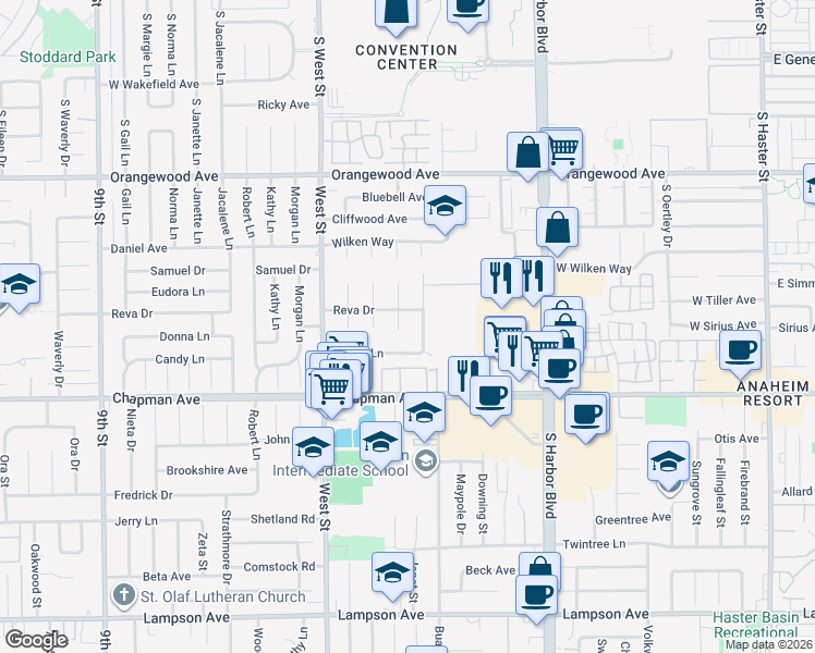 map of restaurants, bars, coffee shops, grocery stores, and more near 12141 Candy Lane in Garden Grove