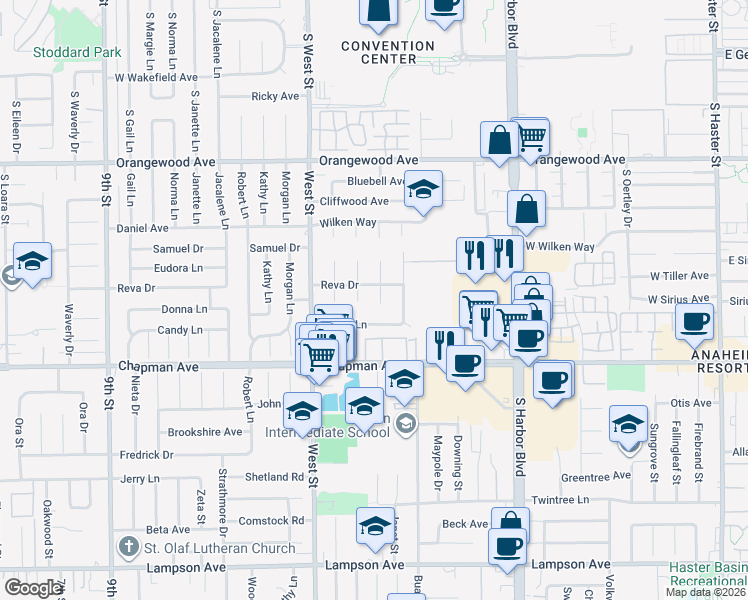 map of restaurants, bars, coffee shops, grocery stores, and more near 12141 Candy Lane in Garden Grove