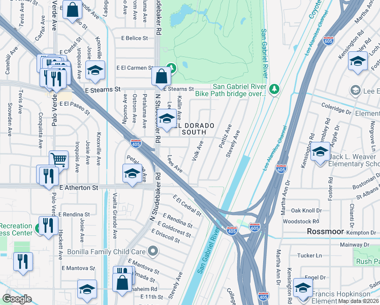 map of restaurants, bars, coffee shops, grocery stores, and more near 1857 Volk Avenue in Long Beach