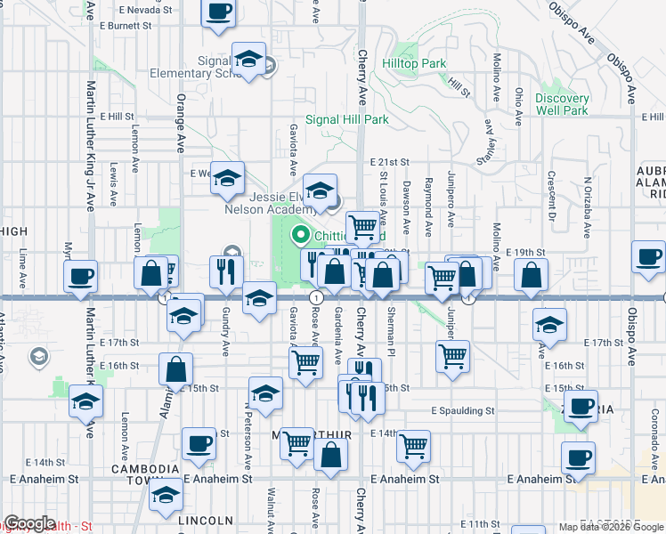 map of restaurants, bars, coffee shops, grocery stores, and more near 1830 Gardenia Avenue in Long Beach