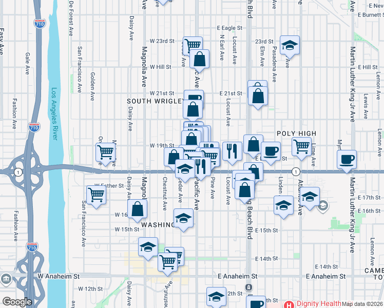 map of restaurants, bars, coffee shops, grocery stores, and more near in Long Beach