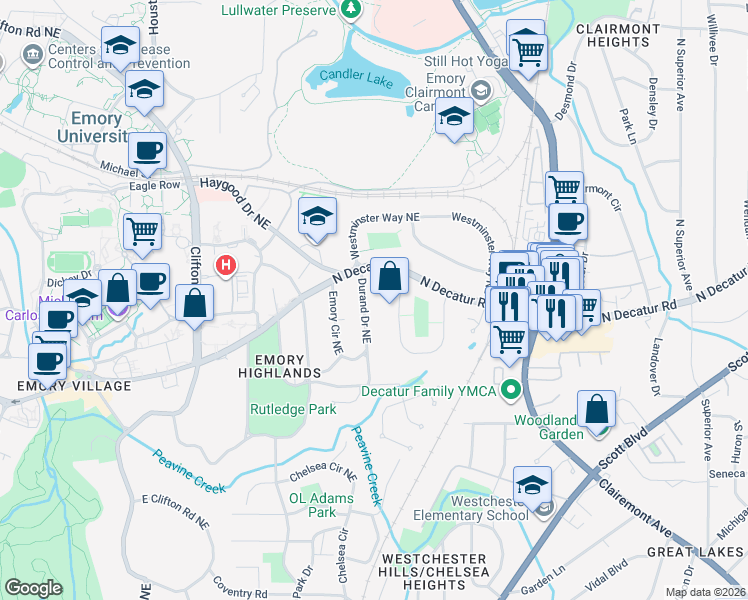 map of restaurants, bars, coffee shops, grocery stores, and more near 503 Durand Drive Northeast in Atlanta