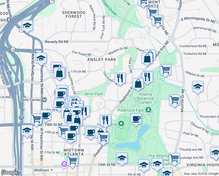 map of restaurants, bars, coffee shops, grocery stores, and more near 3 Barksdale Drive Northeast in Atlanta