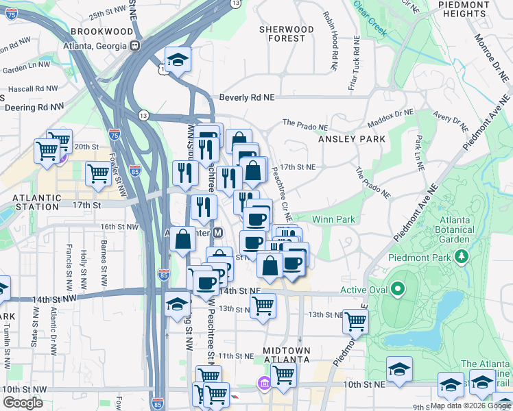 map of restaurants, bars, coffee shops, grocery stores, and more near 1315 Peachtree Street Northeast in Atlanta