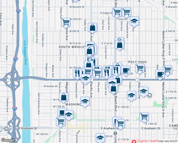 map of restaurants, bars, coffee shops, grocery stores, and more near 1871 Pacific Avenue in Long Beach