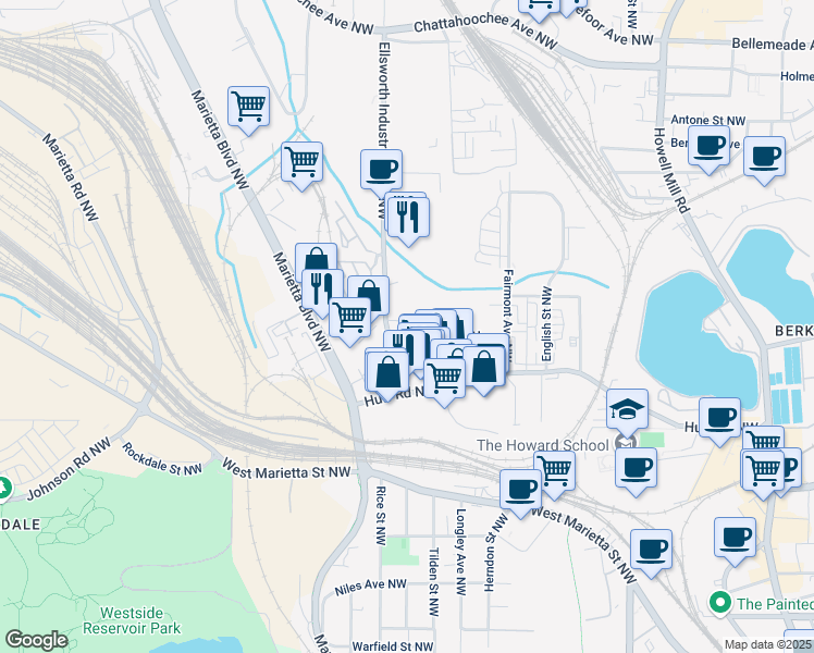map of restaurants, bars, coffee shops, grocery stores, and more near 1225 Chelsea Circle Northwest in Atlanta