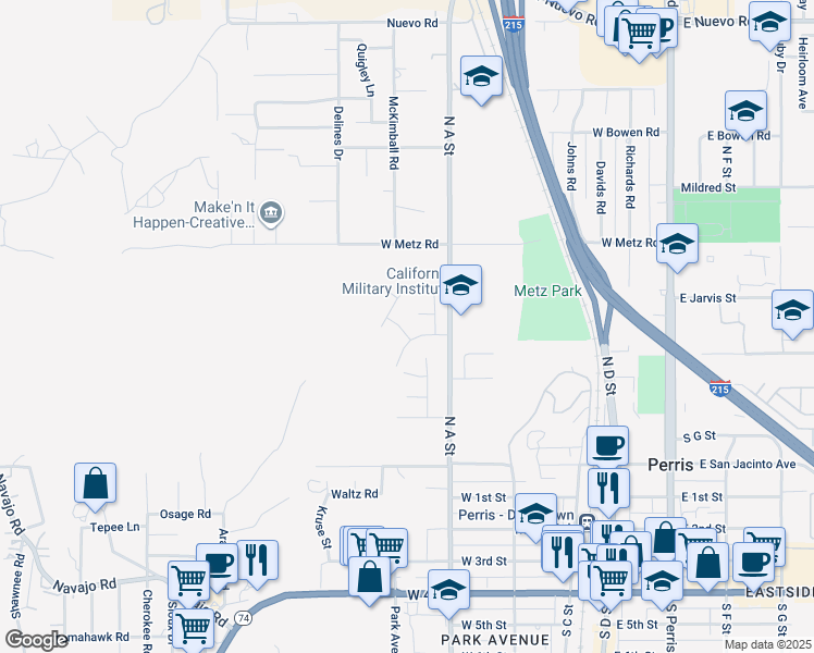 map of restaurants, bars, coffee shops, grocery stores, and more near 641 Dove Drive in Perris