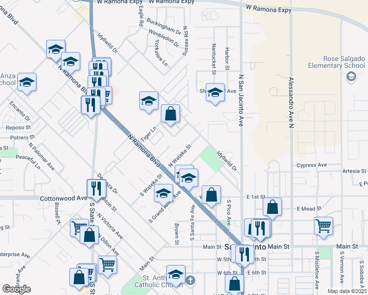 map of restaurants, bars, coffee shops, grocery stores, and more near 274 North Wateka Street in San Jacinto