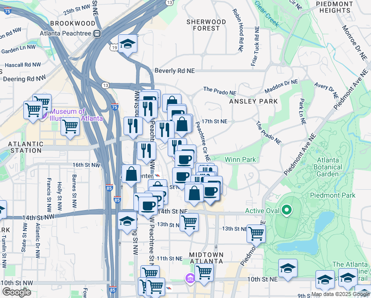 map of restaurants, bars, coffee shops, grocery stores, and more near 1325 Peachtree Street Northeast in Atlanta
