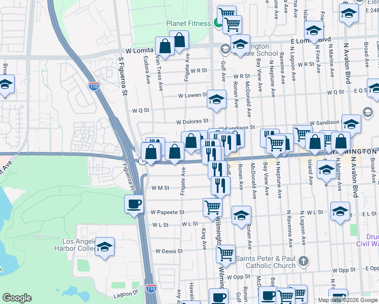 map of restaurants, bars, coffee shops, grocery stores, and more near 1114 West Pacific Coast Highway in Los Angeles