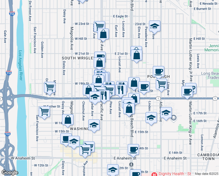map of restaurants, bars, coffee shops, grocery stores, and more near 1857 Pine Avenue in Long Beach