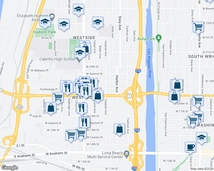 map of restaurants, bars, coffee shops, grocery stores, and more near 1864 Caspian Avenue in Long Beach