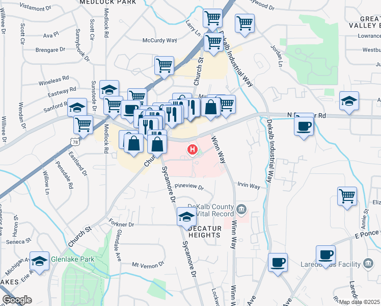 map of restaurants, bars, coffee shops, grocery stores, and more near 2665 North Decatur Road in Decatur