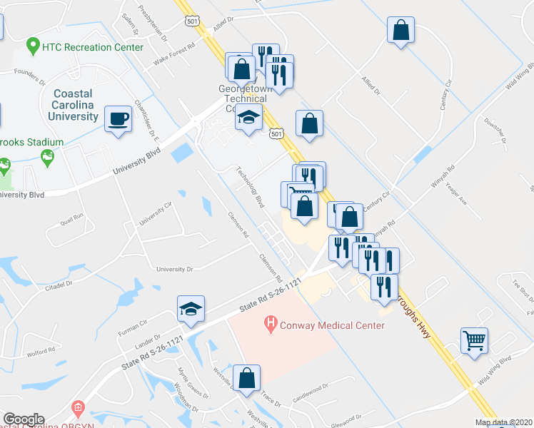 map of restaurants, bars, coffee shops, grocery stores, and more near 2211 Technology Boulevard in Conway