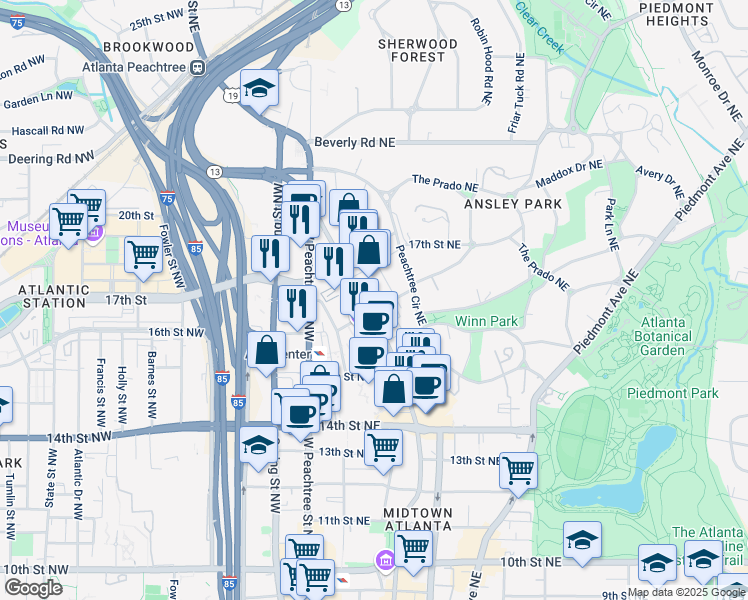 map of restaurants, bars, coffee shops, grocery stores, and more near 1325 Peachtree Street Northeast in Atlanta