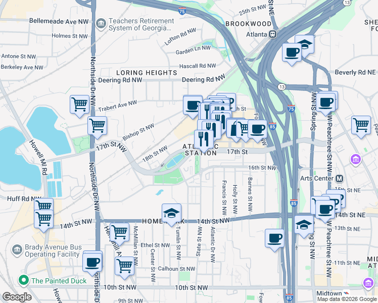 map of restaurants, bars, coffee shops, grocery stores, and more near 395 17th Street Northwest in Atlanta