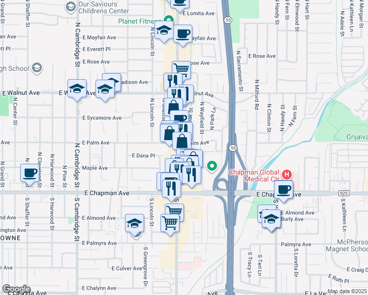 map of restaurants, bars, coffee shops, grocery stores, and more near 291 North Tustin Street in Orange